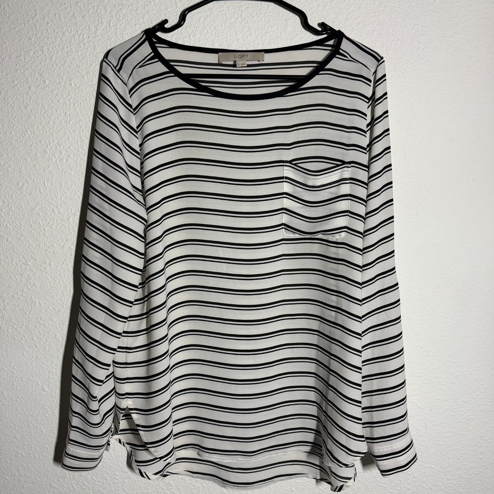 Ann Taylor Loft Blouse Top Womens Medium White Black Striped Roll Tab Sleeve